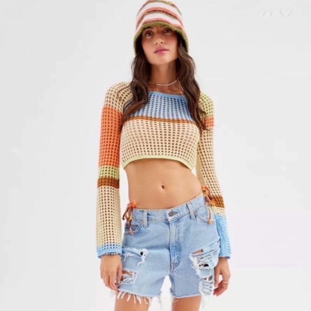 Urban Outfitters Chloe Cropped Open Knit Sweater New Small Cream Blue Green 70s - Picture 5 of 8